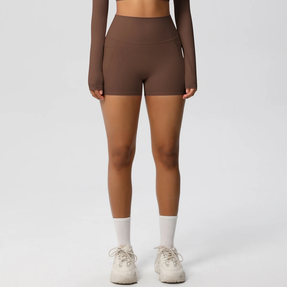 Women's Solid Color Nylon Yoga Tightening Tummy Lifting Shorts Outdoor Cycling Running With Pockets Sports Shorts Gym Pilates
