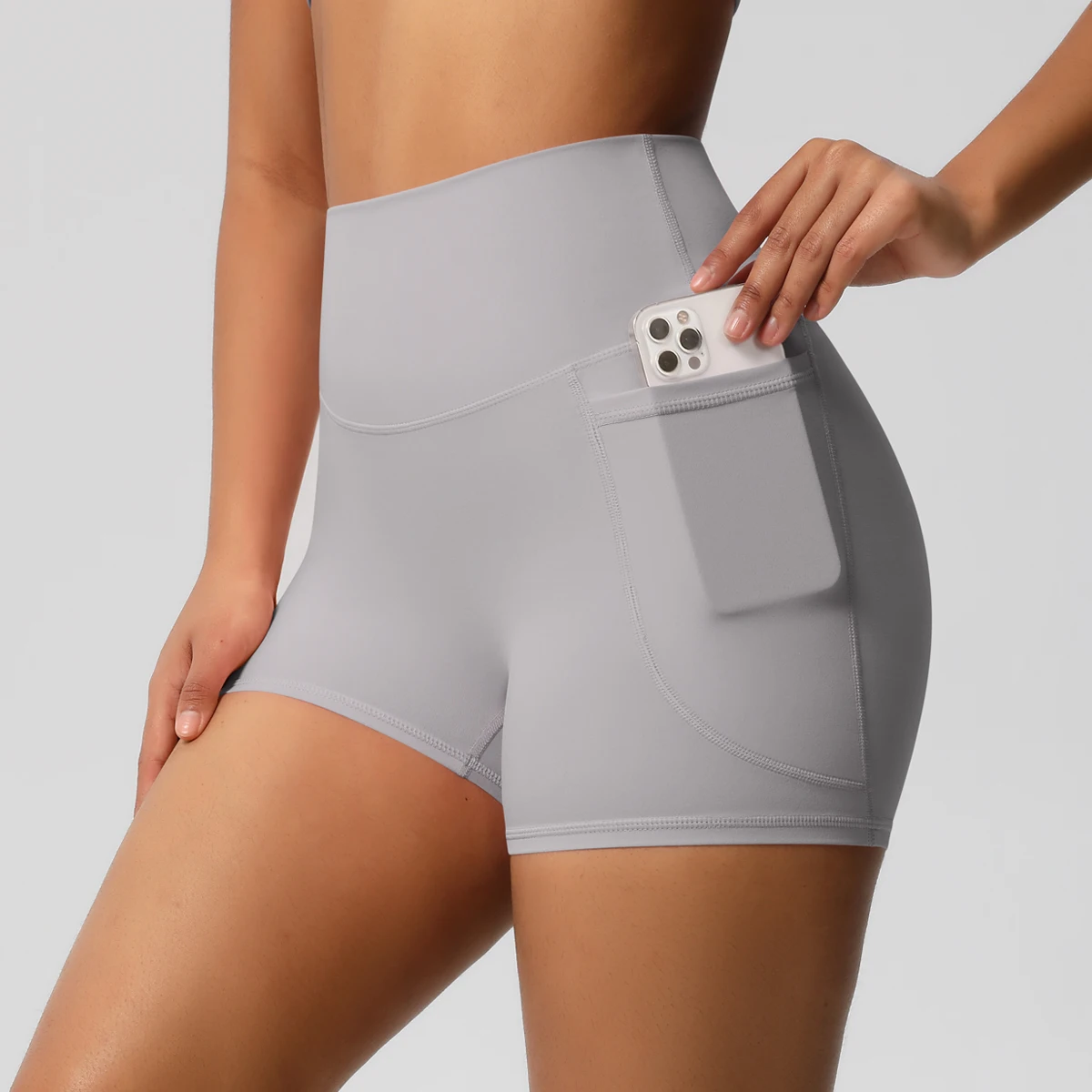 Women's Solid Color Nylon Yoga Tightening Tummy Lifting Shorts Outdoor Cycling Running With Pockets Sports Shorts Gym Pilates