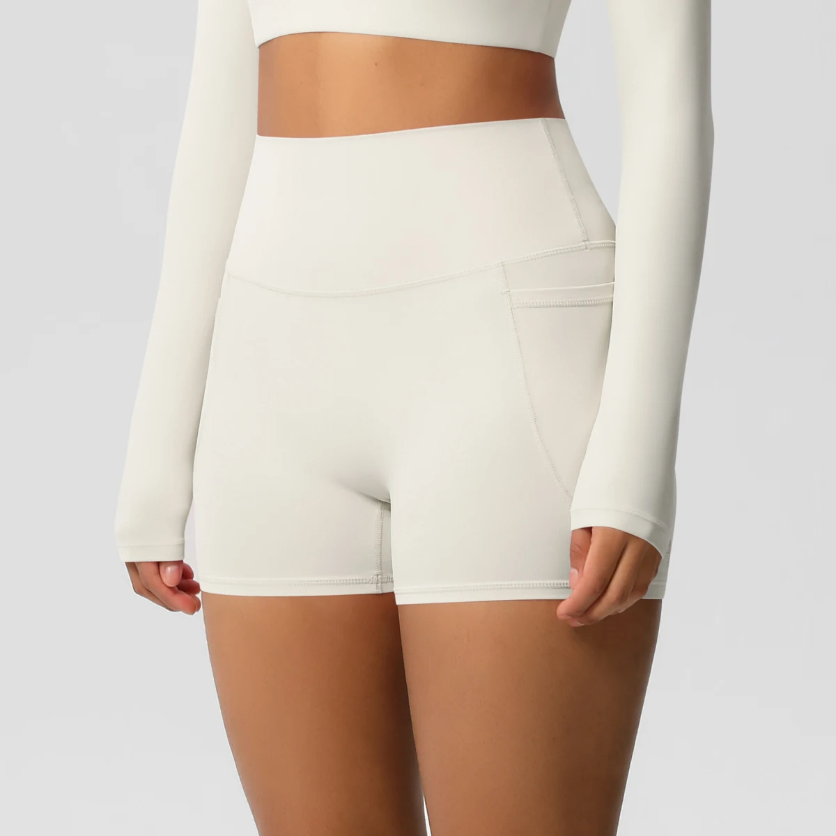 Women's Solid Color Nylon Yoga Tightening Tummy Lifting Shorts Outdoor Cycling Running With Pockets Sports Shorts Gym Pilates