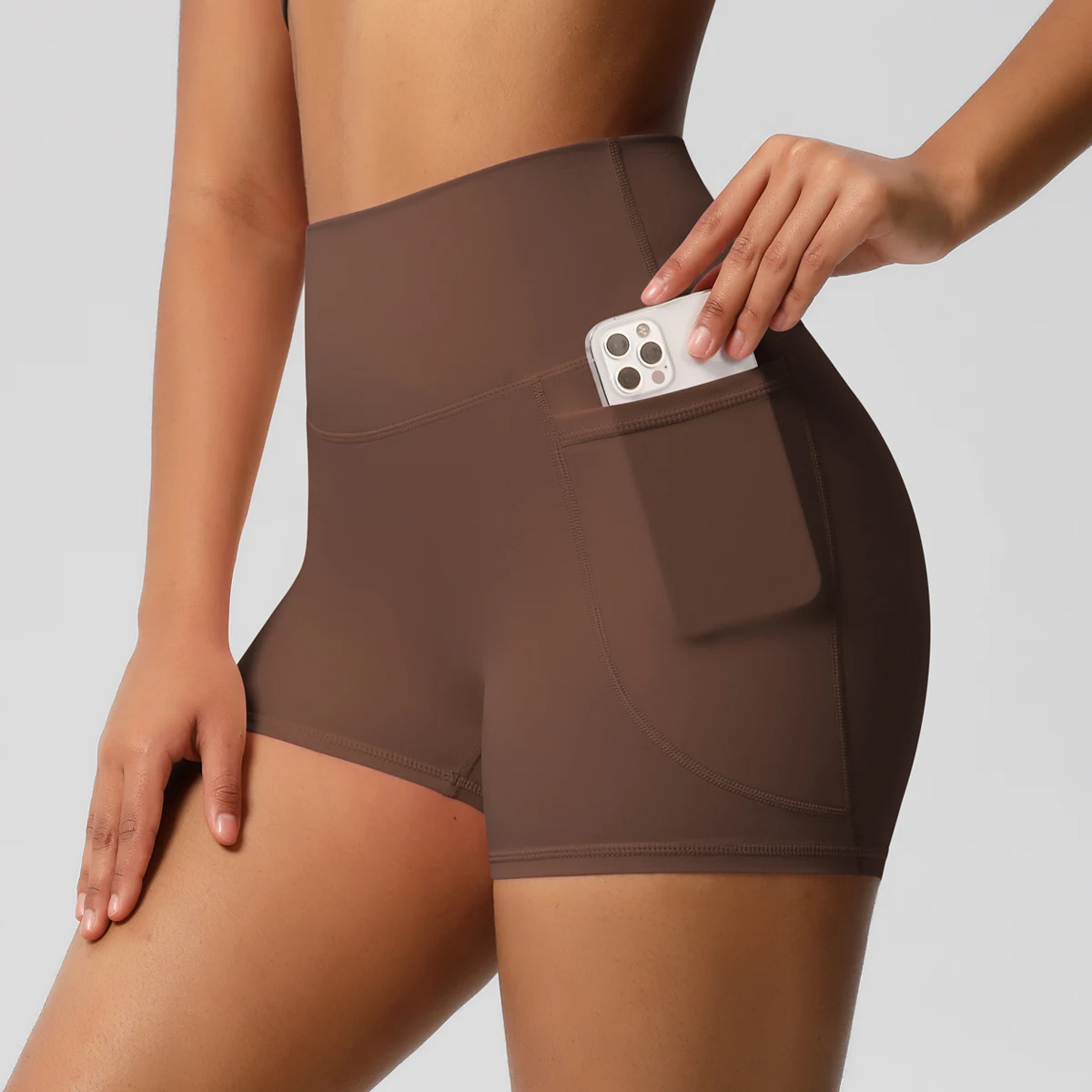Women's Solid Color Nylon Yoga Tightening Tummy Lifting Shorts Outdoor Cycling Running With Pockets Sports Shorts Gym Pilates
