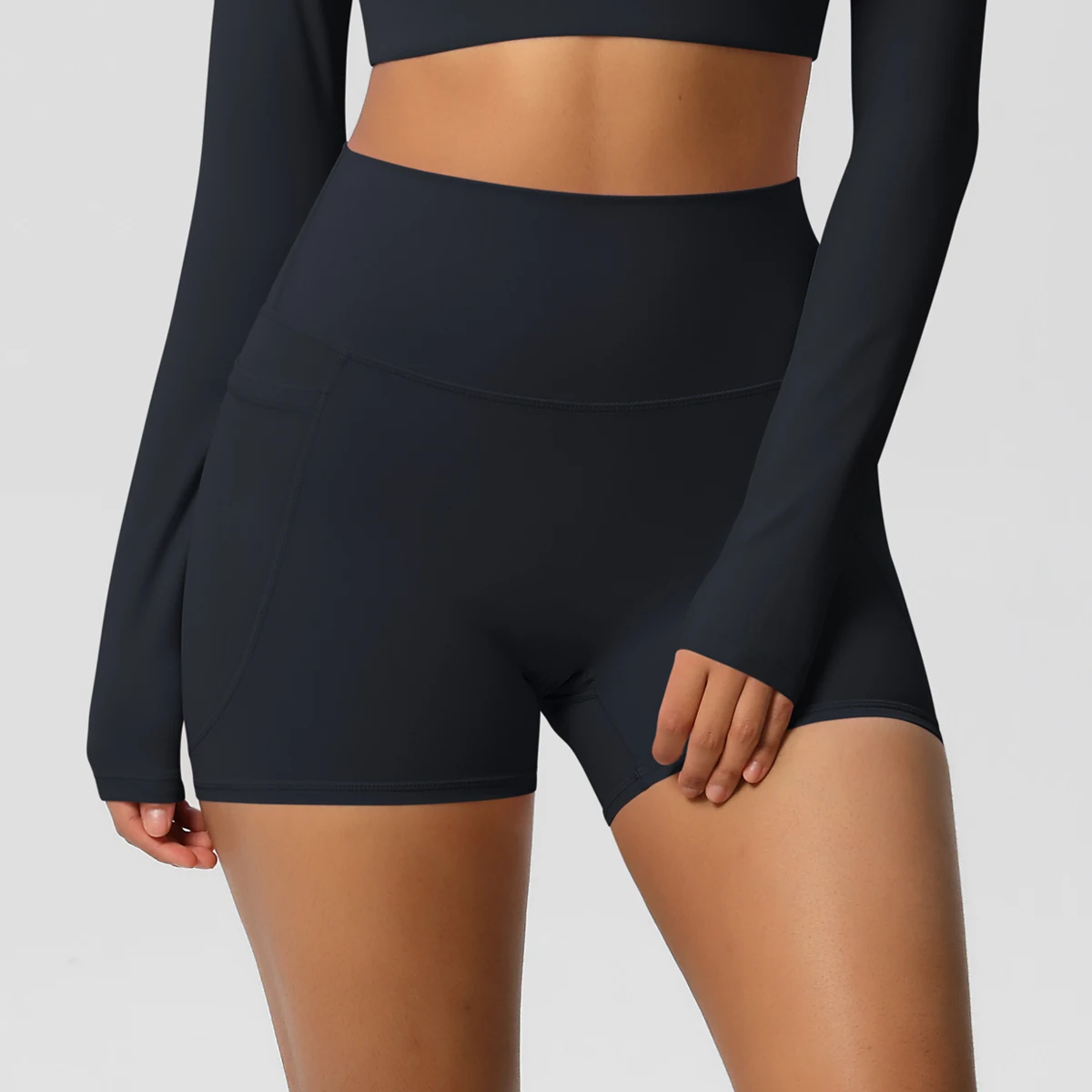 Women's Solid Color Nylon Yoga Tightening Tummy Lifting Shorts Outdoor Cycling Running With Pockets Sports Shorts Gym Pilates