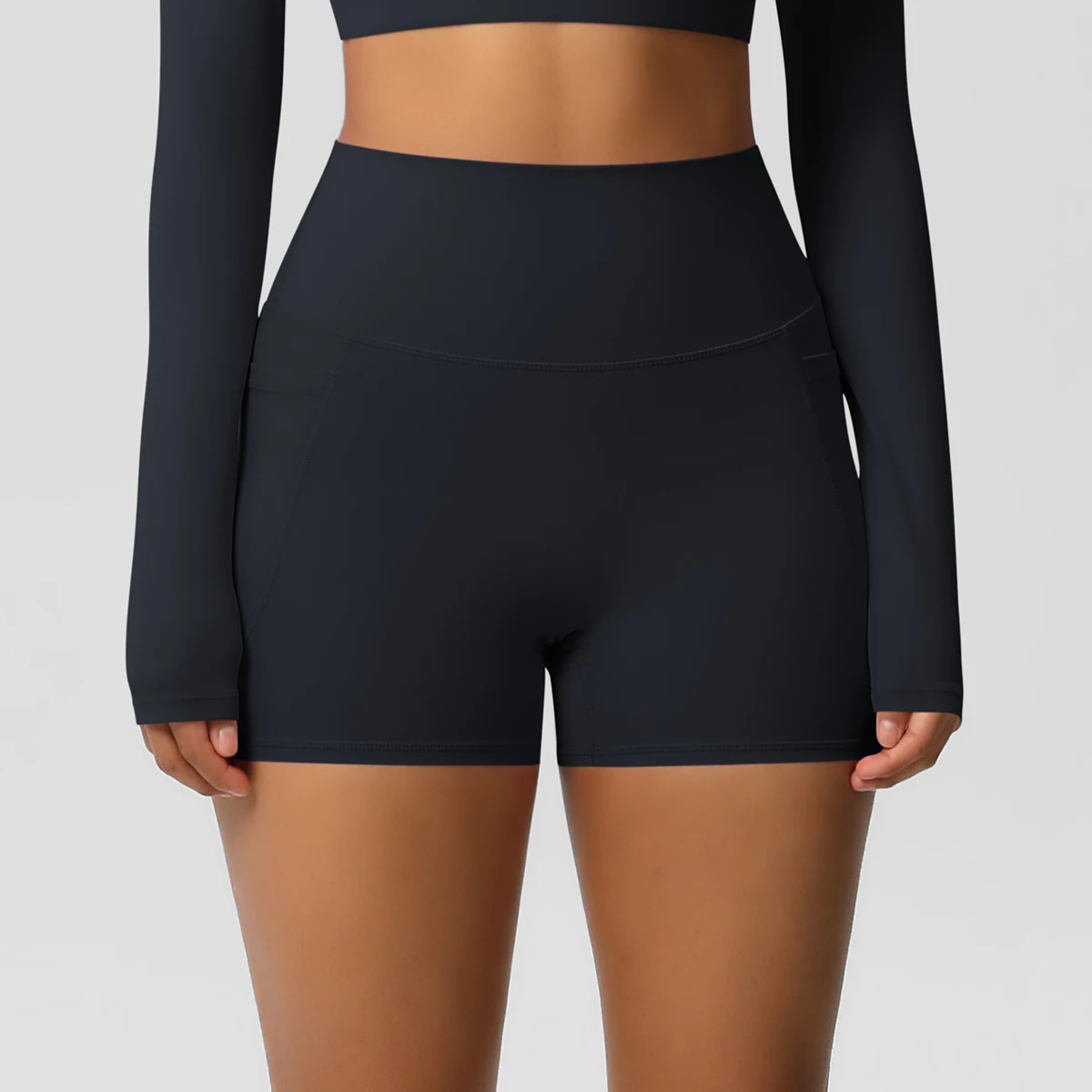 Women's Solid Color Nylon Yoga Tightening Tummy Lifting Shorts Outdoor Cycling Running With Pockets Sports Shorts Gym Pilates