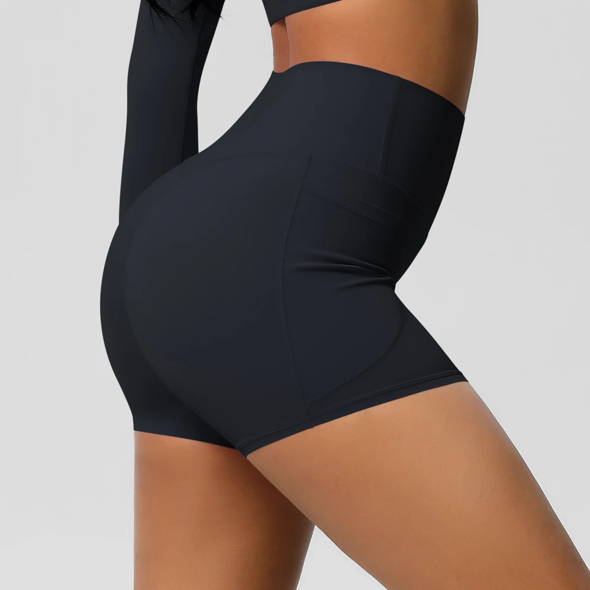 Women's Solid Color Nylon Yoga Tightening Tummy Lifting Shorts Outdoor Cycling Running With Pockets Sports Shorts Gym Pilates
