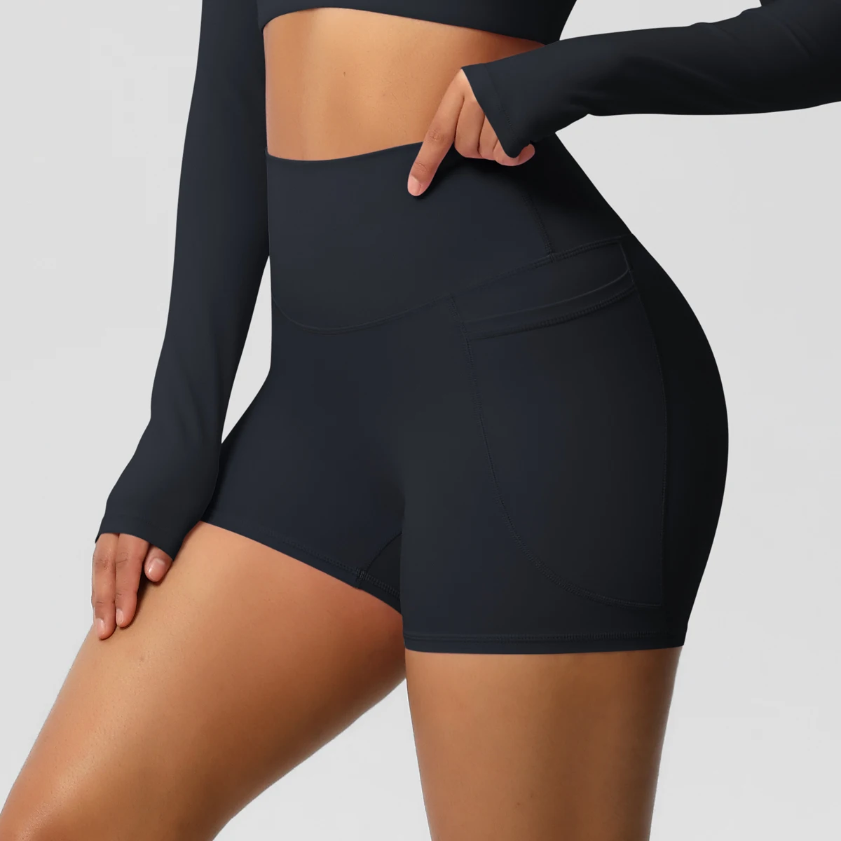 Women's Solid Color Nylon Yoga Tightening Tummy Lifting Shorts Outdoor Cycling Running With Pockets Sports Shorts Gym Pilates