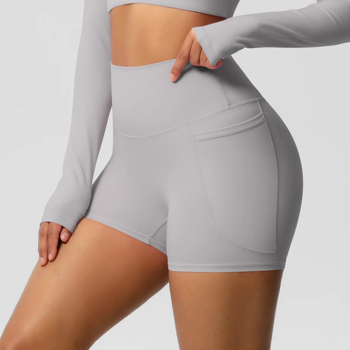 Women's Solid Color Nylon Yoga Tightening Tummy Lifting Shorts Outdoor Cycling Running With Pockets Sports Shorts Gym Pilates