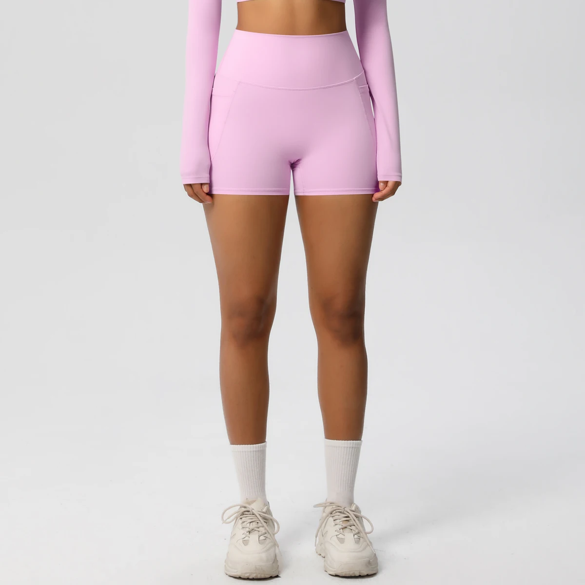 Women's Solid Color Nylon Yoga Tightening Tummy Lifting Shorts Outdoor Cycling Running With Pockets Sports Shorts Gym Pilates
