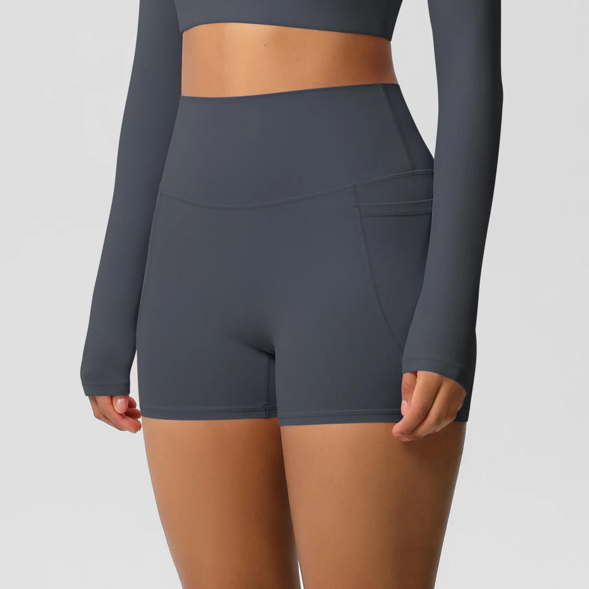 Women's Solid Color Nylon Yoga Tightening Tummy Lifting Shorts Outdoor Cycling Running With Pockets Sports Shorts Gym Pilates