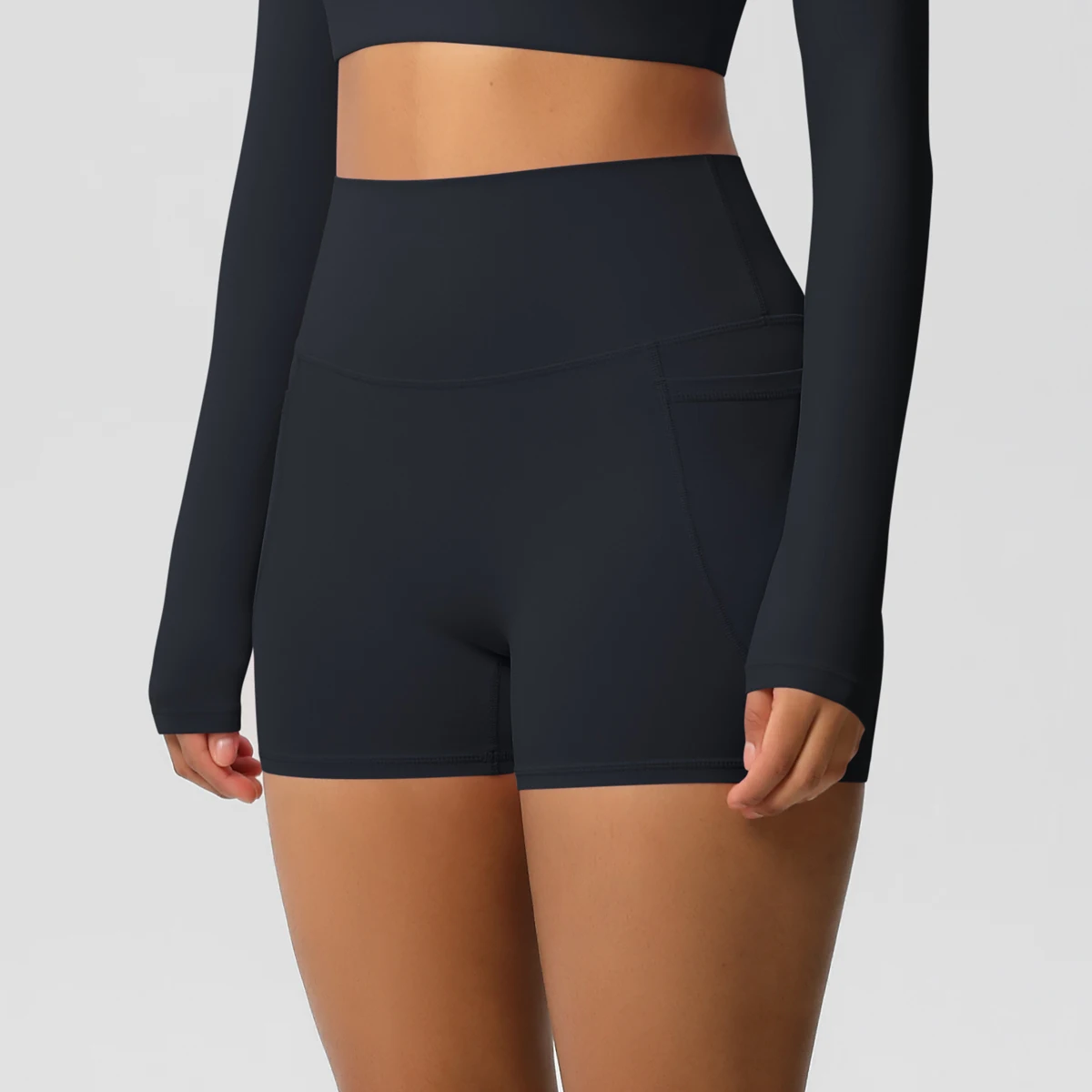 Women's Solid Color Nylon Yoga Tightening Tummy Lifting Shorts Outdoor Cycling Running With Pockets Sports Shorts Gym Pilates