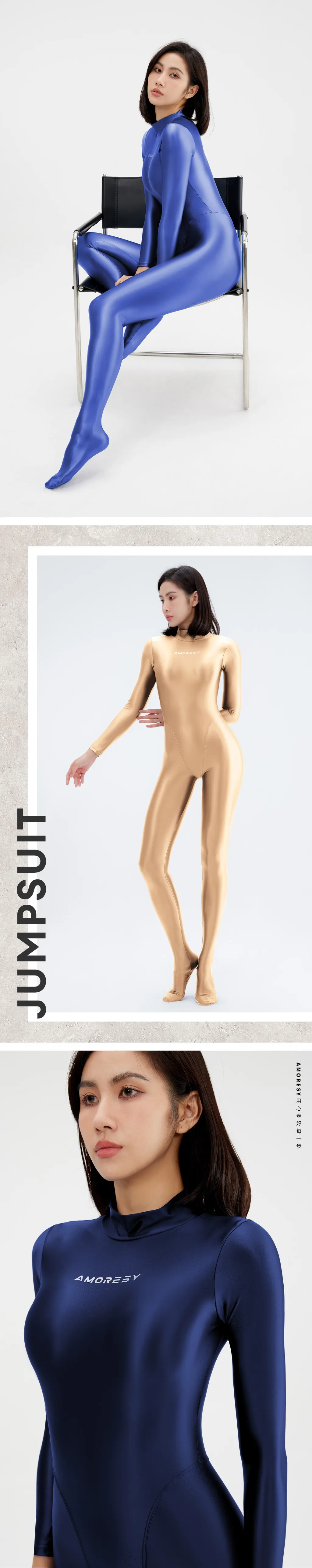 AMORESY satin tights Long Sleeve Full Length Oil Tights Smooth Yoga bodysuit Casual Sport Suits XClocKNYoung Jumpsuits