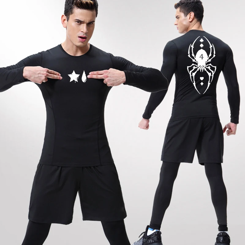 Spider Print Compression Shirt for Men Sporty Quick Dry Long Sleeve Tees Tshirt Tops Gym Workout Fitness Undershirts Baselayers