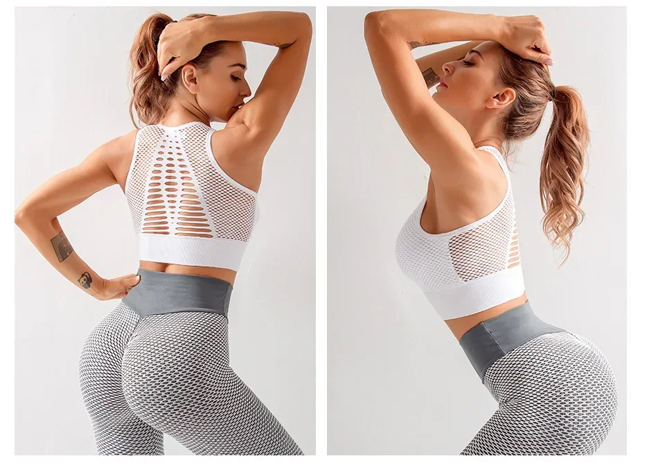 Seamless Mesh Women Sports Bras Fitness Gym Running Underwear Shockproof Bra Wireless Crop Top Breathable Yoga Bras Solid Color
