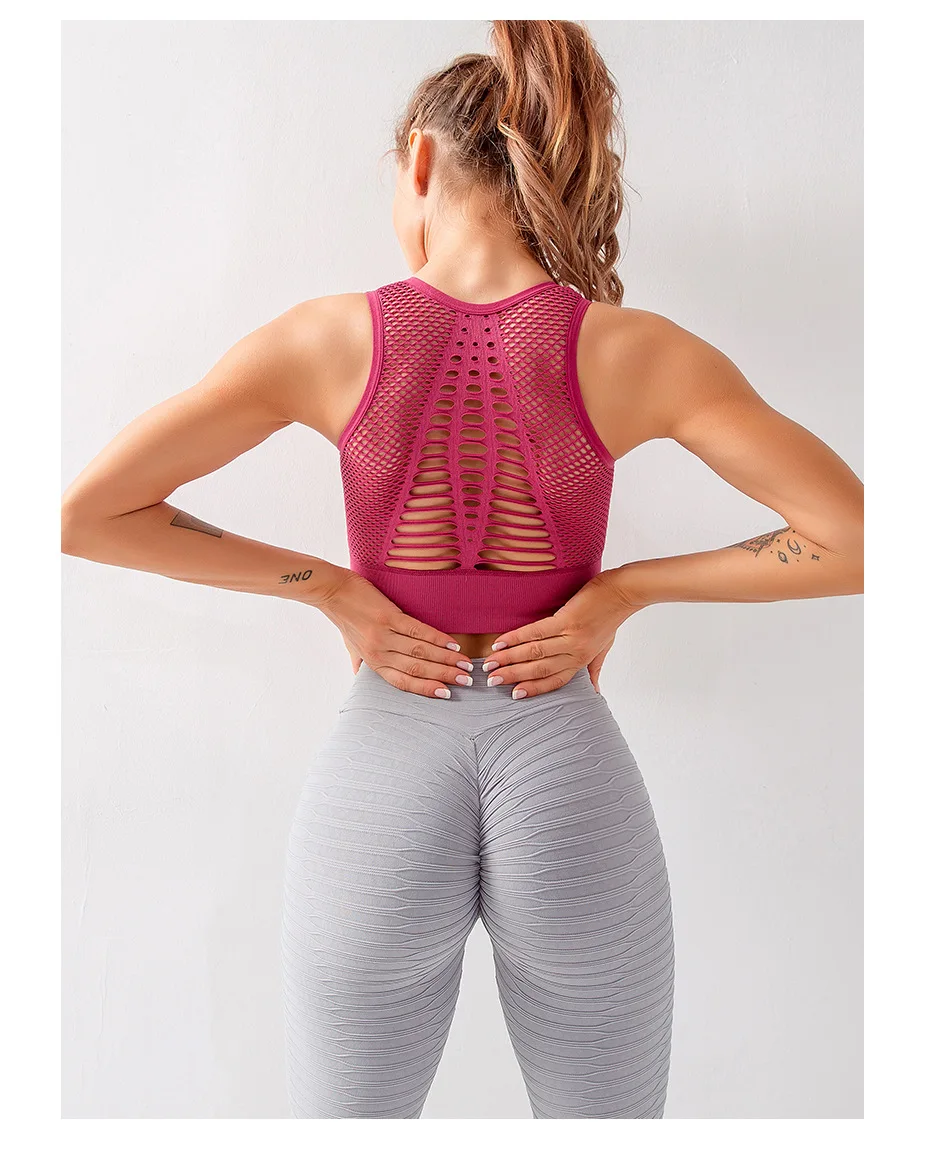 Seamless Mesh Women Sports Bras Fitness Gym Running Underwear Shockproof Bra Wireless Crop Top Breathable Yoga Bras Solid Color