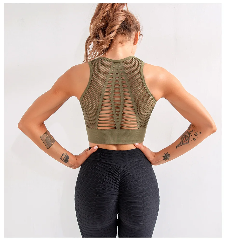 Seamless Mesh Women Sports Bras Fitness Gym Running Underwear Shockproof Bra Wireless Crop Top Breathable Yoga Bras Solid Color