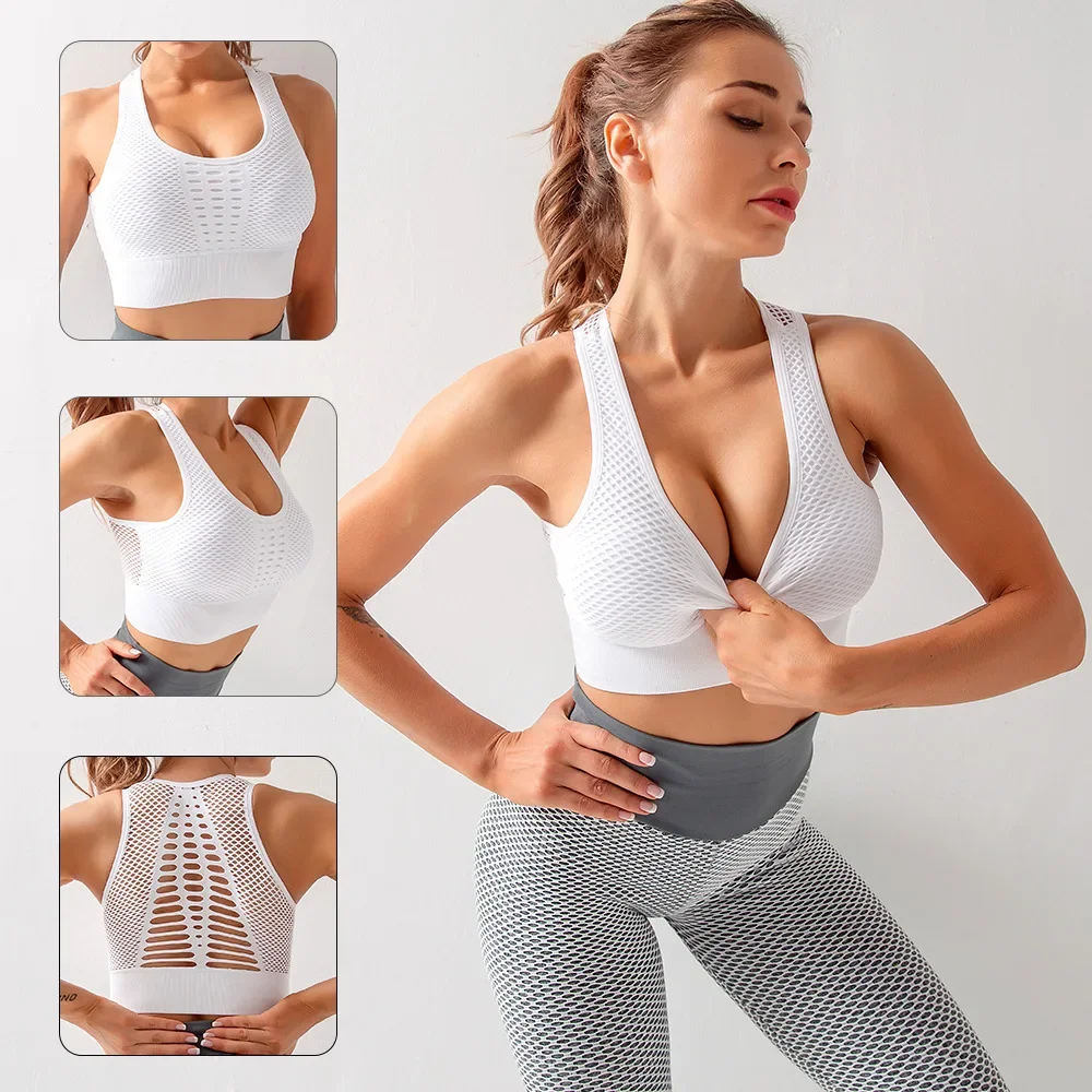 Seamless Mesh Women Sports Bras Fitness Gym Running Underwear Shockproof Bra Wireless Crop Top Breathable Yoga Bras Solid Color