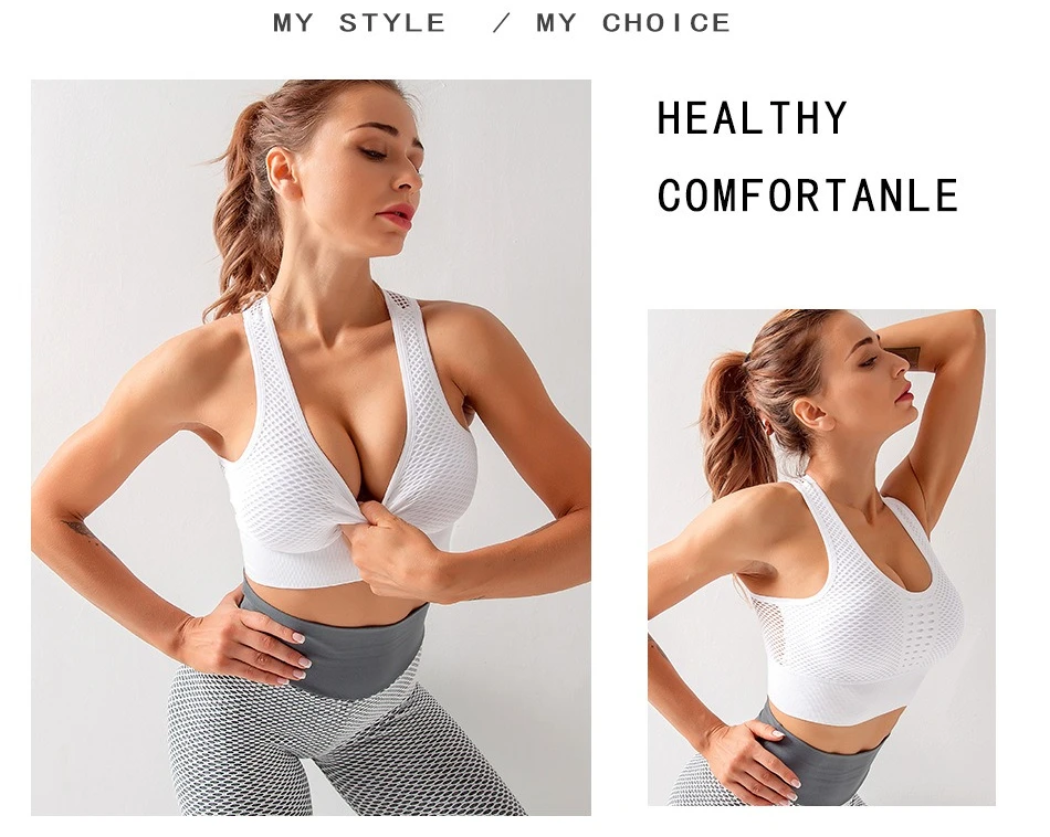 Seamless Mesh Women Sports Bras Fitness Gym Running Underwear Shockproof Bra Wireless Crop Top Breathable Yoga Bras Solid Color