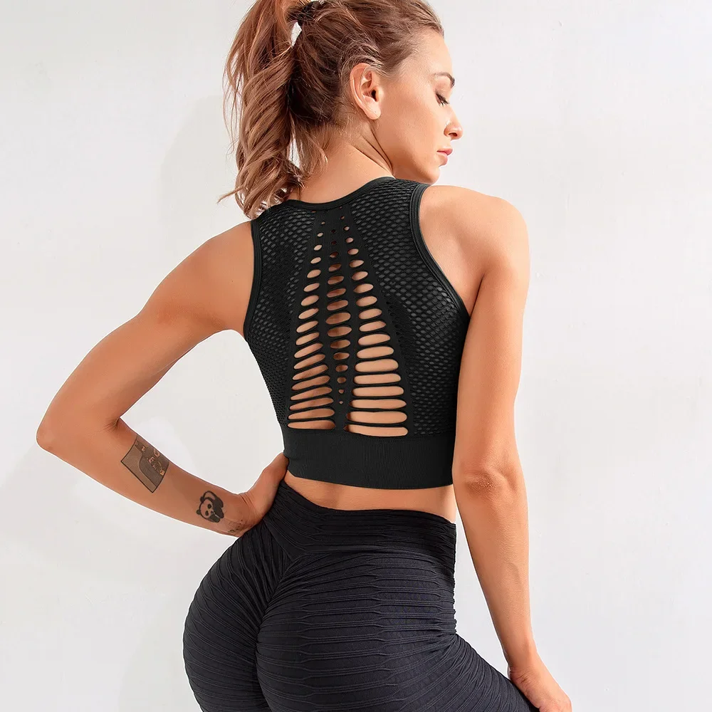 Seamless Mesh Women Sports Bras Fitness Gym Running Underwear Shockproof Bra Wireless Crop Top Breathable Yoga Bras Solid Color