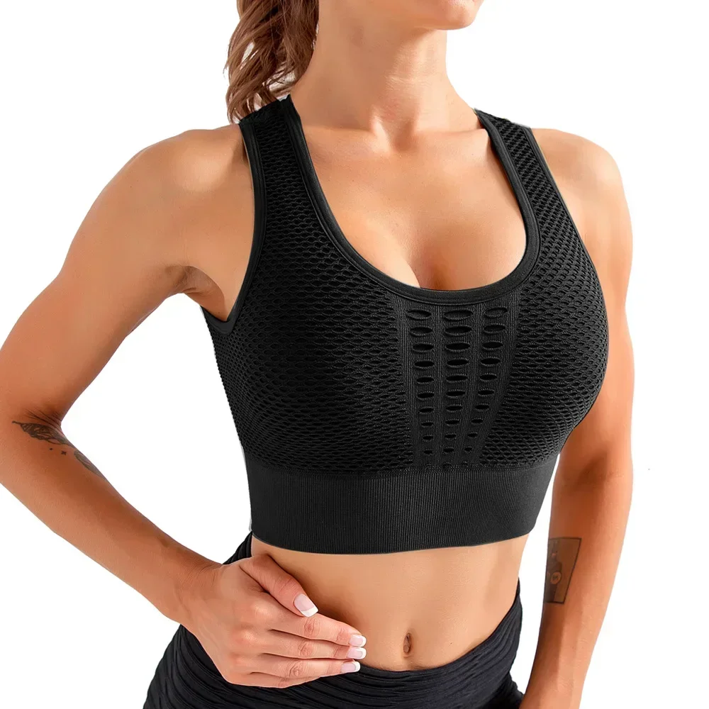 Seamless Mesh Women Sports Bras Fitness Gym Running Underwear Shockproof Bra Wireless Crop Top Breathable Yoga Bras Solid Color