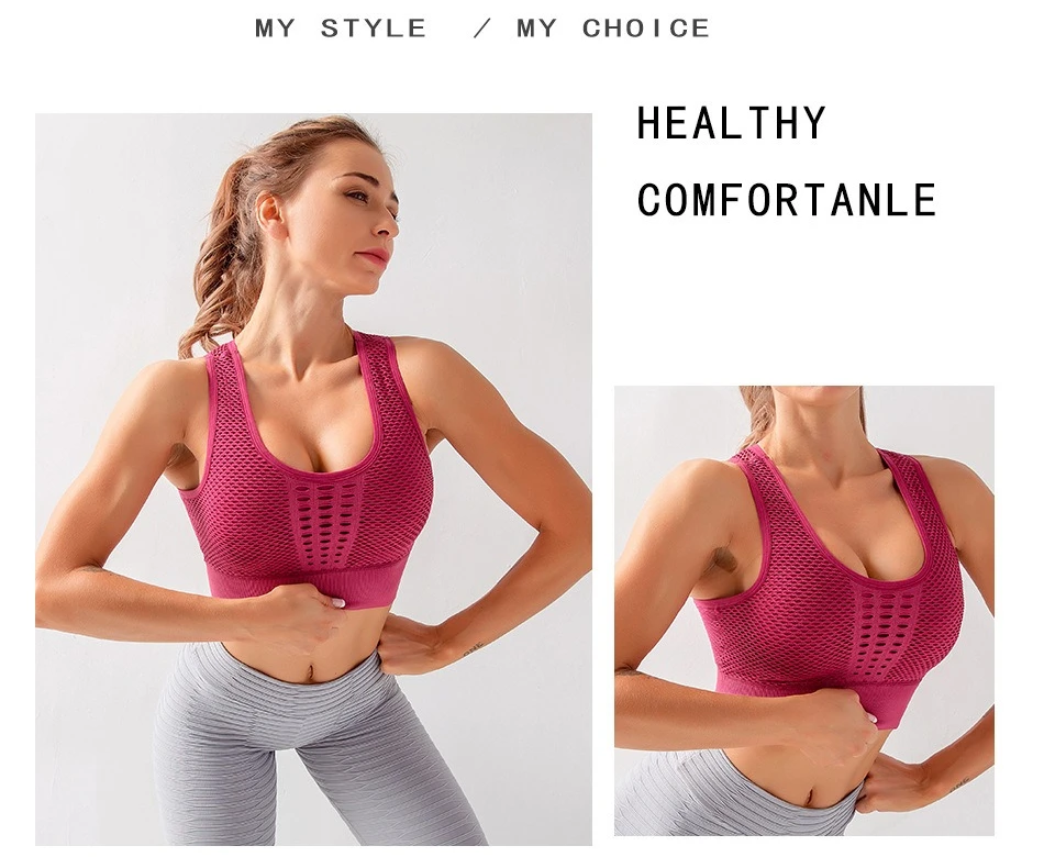 Seamless Mesh Women Sports Bras Fitness Gym Running Underwear Shockproof Bra Wireless Crop Top Breathable Yoga Bras Solid Color