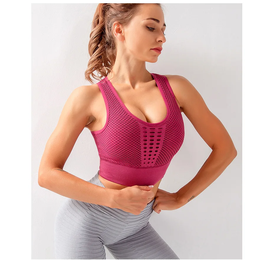 Seamless Mesh Women Sports Bras Fitness Gym Running Underwear Shockproof Bra Wireless Crop Top Breathable Yoga Bras Solid Color