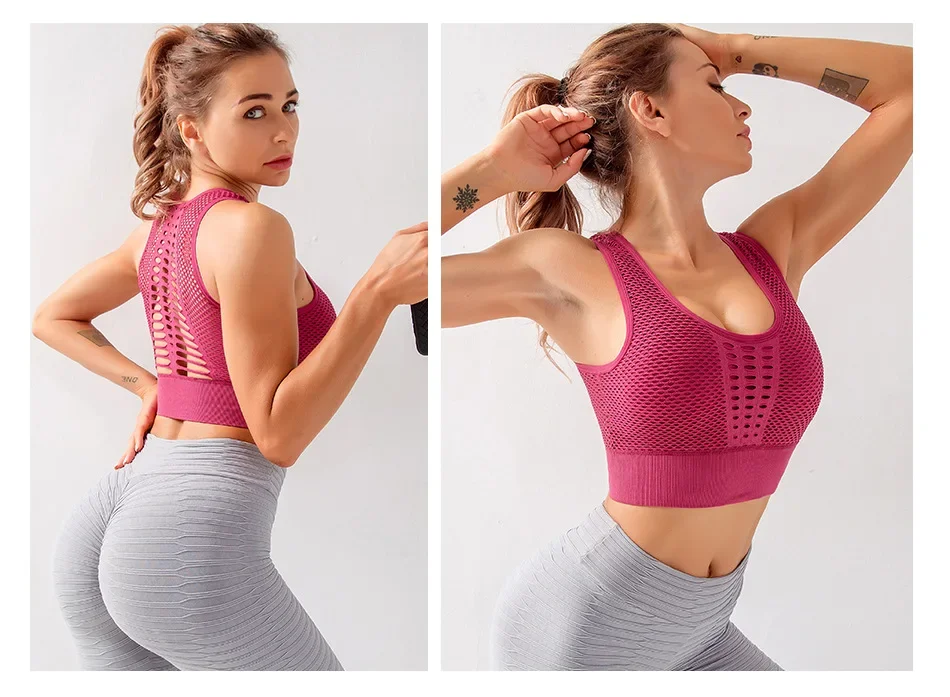Seamless Mesh Women Sports Bras Fitness Gym Running Underwear Shockproof Bra Wireless Crop Top Breathable Yoga Bras Solid Color