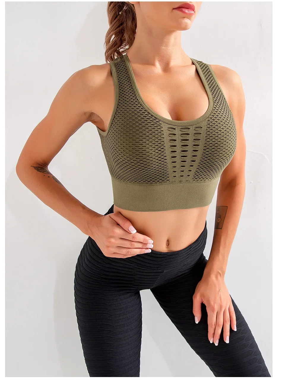 Seamless Mesh Women Sports Bras Fitness Gym Running Underwear Shockproof Bra Wireless Crop Top Breathable Yoga Bras Solid Color