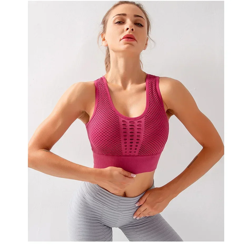 Seamless Mesh Women Sports Bras Fitness Gym Running Underwear Shockproof Bra Wireless Crop Top Breathable Yoga Bras Solid Color