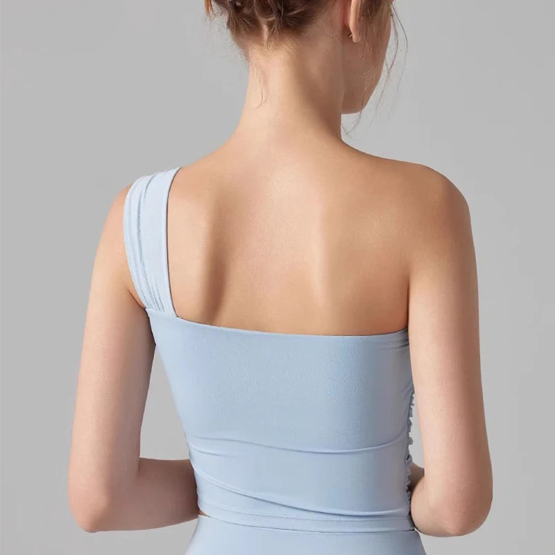 Women's Shock-Absorbing Single Shoulder Sports Bra Fixed Cup Yoga Fitness Vest Top for Running Underwear