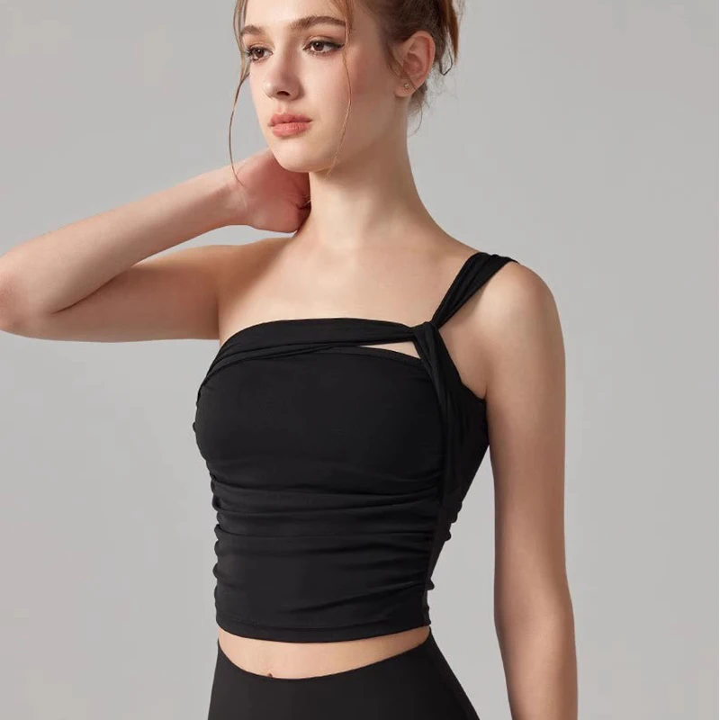 Women's Shock-Absorbing Single Shoulder Sports Bra Fixed Cup Yoga Fitness Vest Top for Running Underwear