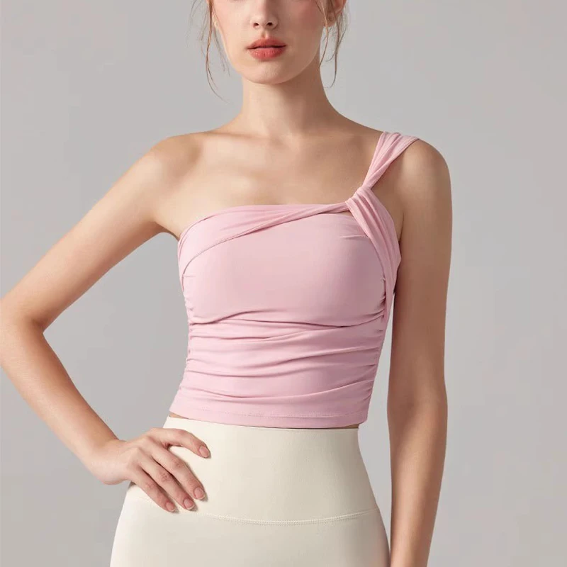 Women's Shock-Absorbing Single Shoulder Sports Bra Fixed Cup Yoga Fitness Vest Top for Running Underwear