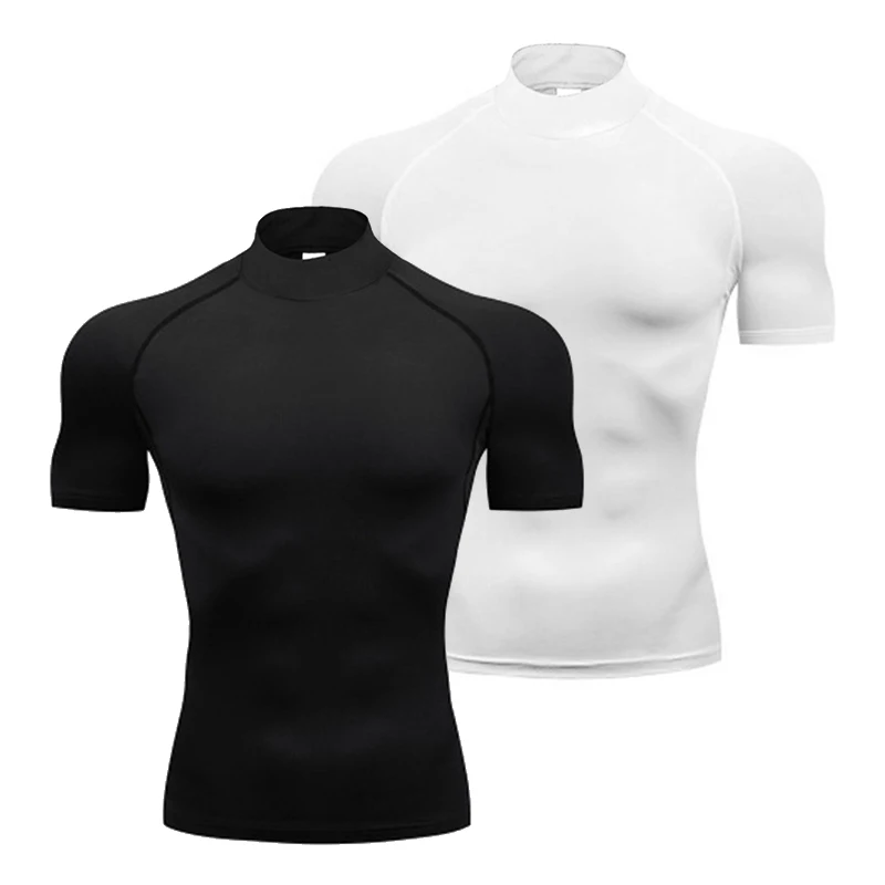 1/2pcs Compression Shirts Mens Summer Running T-shirts Turtleneck Elastic Quick Dry Sport Tees Athletic Gym Short Sleeve T Shirt