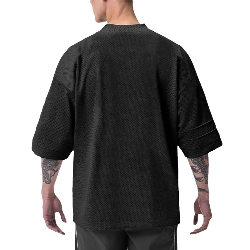 Plain Gym Sports Mens Bodybuilding Oversized Mesh Dropped Shoulders Fitness Workout Sports Half Sleeve T-shirt