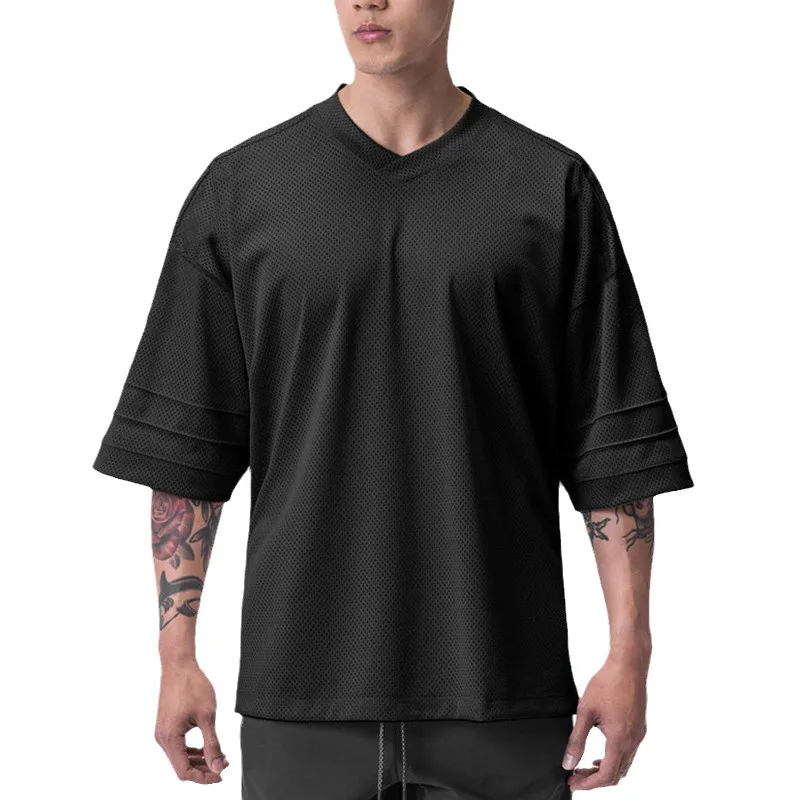 Plain Gym Sports Mens Bodybuilding Oversized Mesh Dropped Shoulders Fitness Workout Sports Half Sleeve T-shirt
