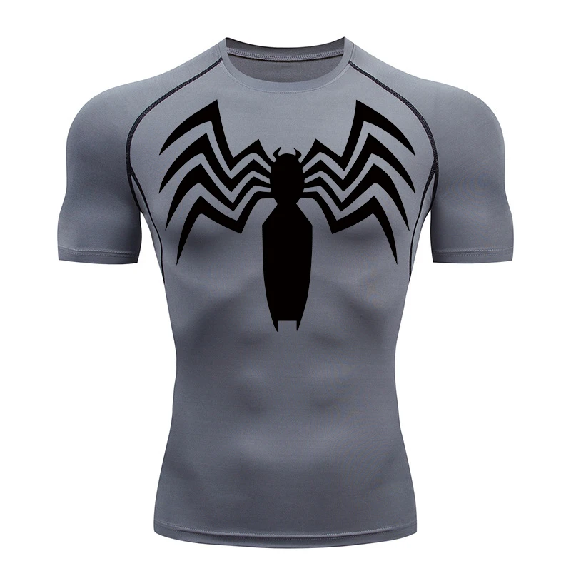 Spider Print Compression Shirts for Men Summer Short Sleeve Rash Guard Gym Workout Running Tshirt Athletic Quick Dry Tees Tops