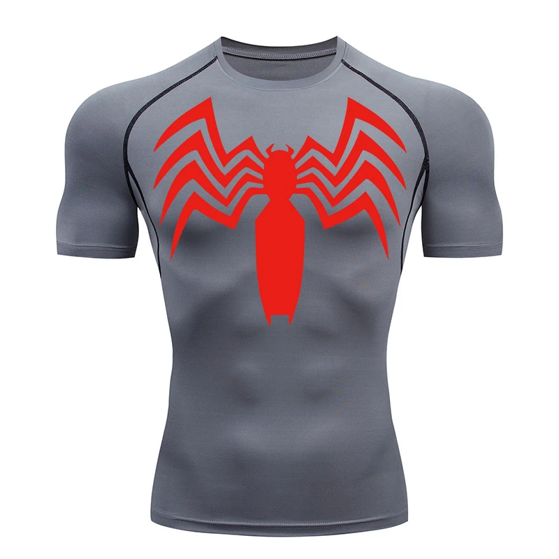 Spider Print Compression Shirts for Men Summer Short Sleeve Rash Guard Gym Workout Running Tshirt Athletic Quick Dry Tees Tops