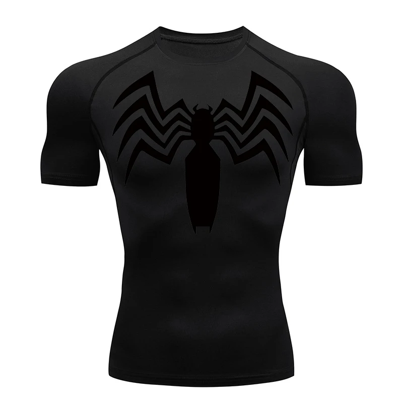 Spider Print Compression Shirts for Men Summer Short Sleeve Rash Guard Gym Workout Running Tshirt Athletic Quick Dry Tees Tops