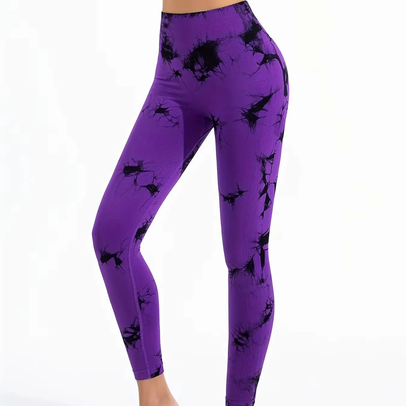 Women Tie Dye High Waist Yoga Leggings, Seamless Ribbed Workout Pants, Quick Dry Compression Gym Fitness Tights
