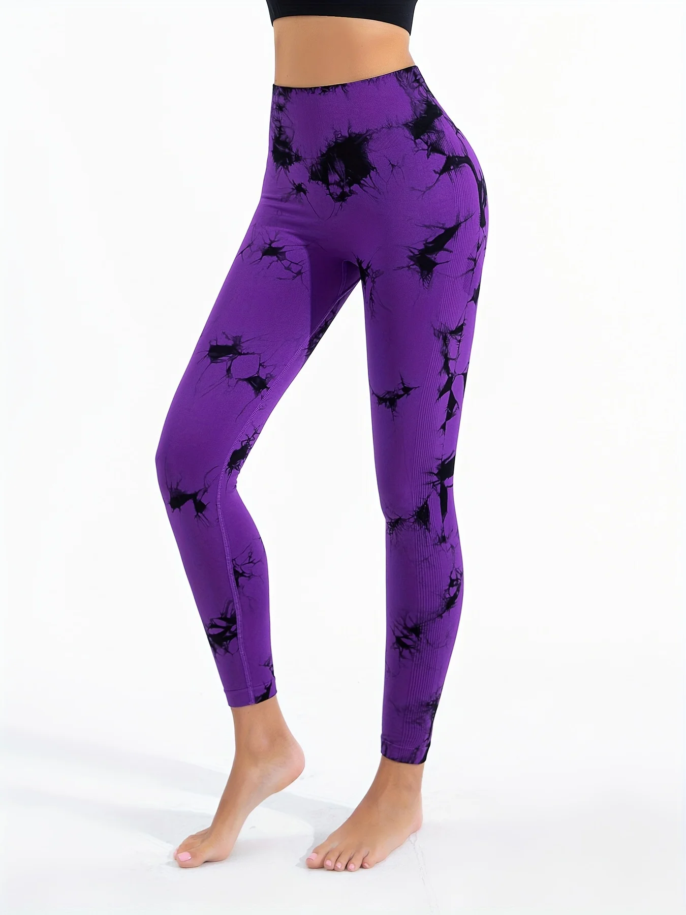 Women Tie Dye High Waist Yoga Leggings, Seamless Ribbed Workout Pants, Quick Dry Compression Gym Fitness Tights