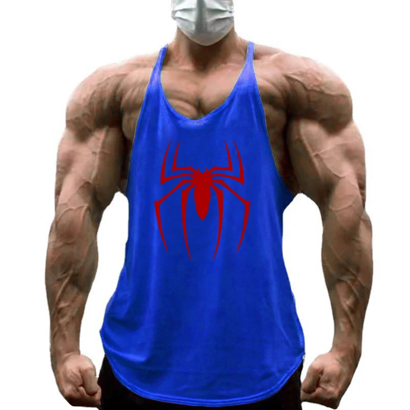 Red Spider Printed Sleeveless Cotton Y-back Tank Tops Gym Fitness Bodybuilding Sport Shirts Breathable Mens Workout Muscle Vests