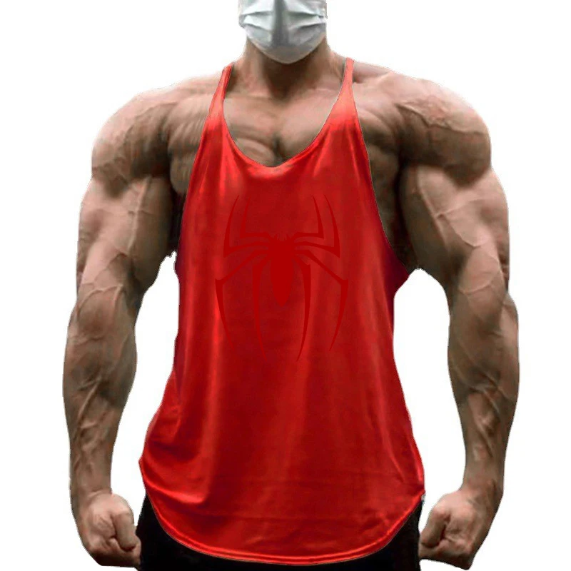 Red Spider Printed Sleeveless Cotton Y-back Tank Tops Gym Fitness Bodybuilding Sport Shirts Breathable Mens Workout Muscle Vests