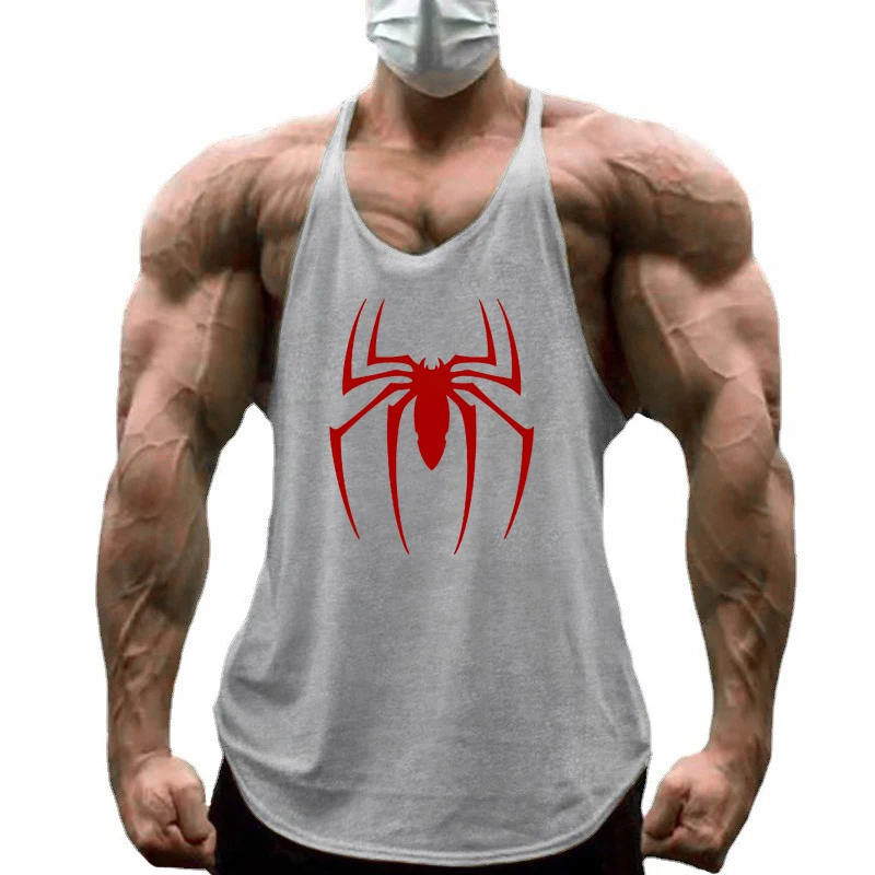 Red Spider Printed Sleeveless Cotton Y-back Tank Tops Gym Fitness Bodybuilding Sport Shirts Breathable Mens Workout Muscle Vests