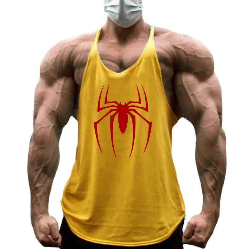 Red Spider Printed Sleeveless Cotton Y-back Tank Tops Gym Fitness Bodybuilding Sport Shirts Breathable Mens Workout Muscle Vests