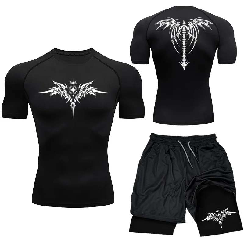 New MMA Boxing Compression Set Sportwear for Men Quick Dry Gym Shorts T Shirt Running Workout Tight Sport Rashguard 2PCS Suit