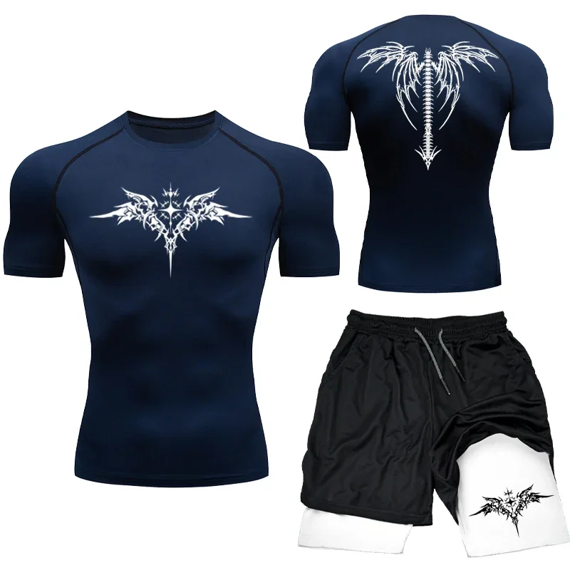 New MMA Boxing Compression Set Sportwear for Men Quick Dry Gym Shorts T Shirt Running Workout Tight Sport Rashguard 2PCS Suit
