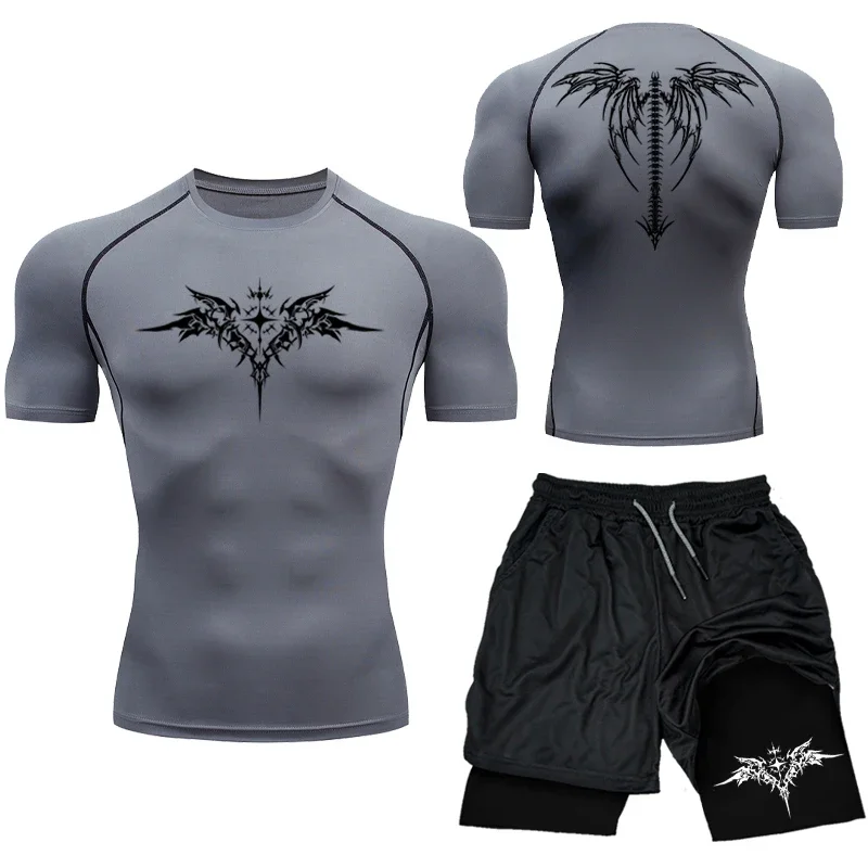 New MMA Boxing Compression Set Sportwear for Men Quick Dry Gym Shorts T Shirt Running Workout Tight Sport Rashguard 2PCS Suit