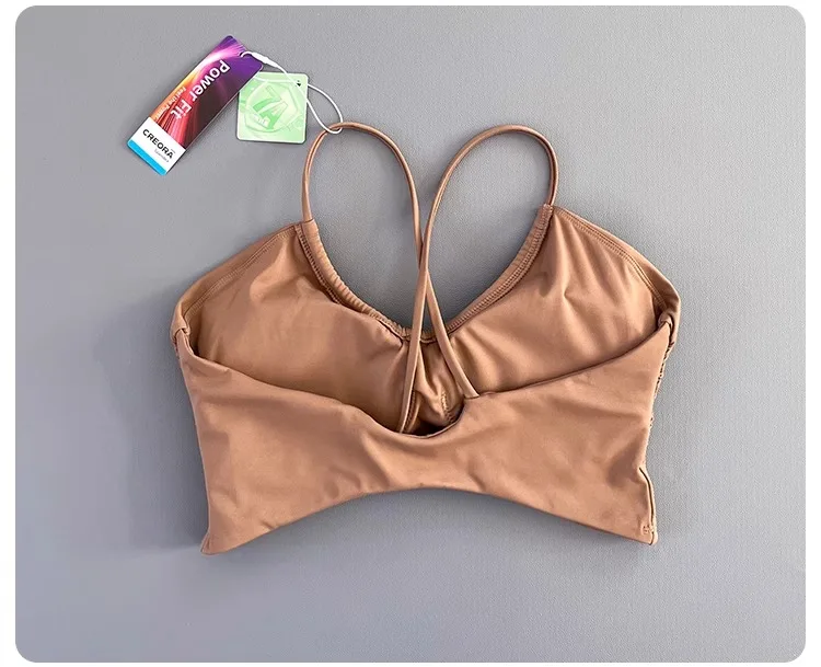 Women Cross Back Padded Sports Bra Thin Straps Wireless Shockproof Soft Breathable Yoga Fitness Camisole Top