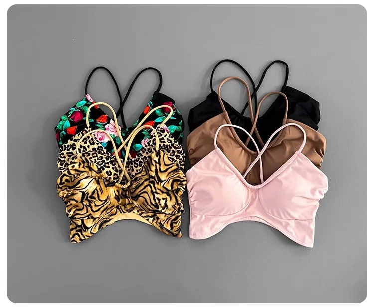 Women Cross Back Padded Sports Bra Thin Straps Wireless Shockproof Soft Breathable Yoga Fitness Camisole Top