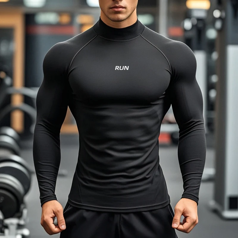 Men's Running Turtleneck Quick-Drying Long-Sleeved T-shirts Spring Aurumn Compression Shirt Sports Fitness Tight Tops Tees
