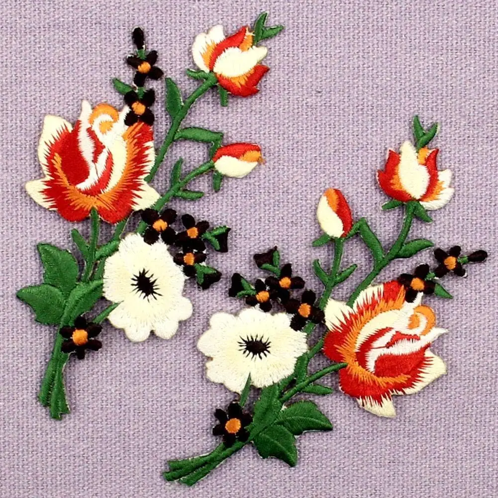 1 Pair Pink Blue Roses Pair Flowers Floral Bouquet Boho Embroidered Appliques Iron-on Patches New
