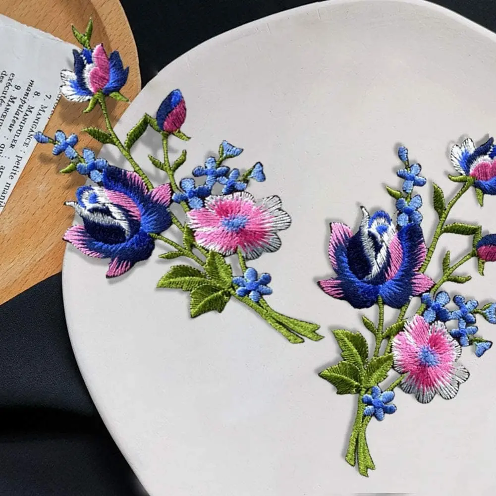 1 Pair Pink Blue Roses Pair Flowers Floral Bouquet Boho Embroidered Appliques Iron-on Patches New