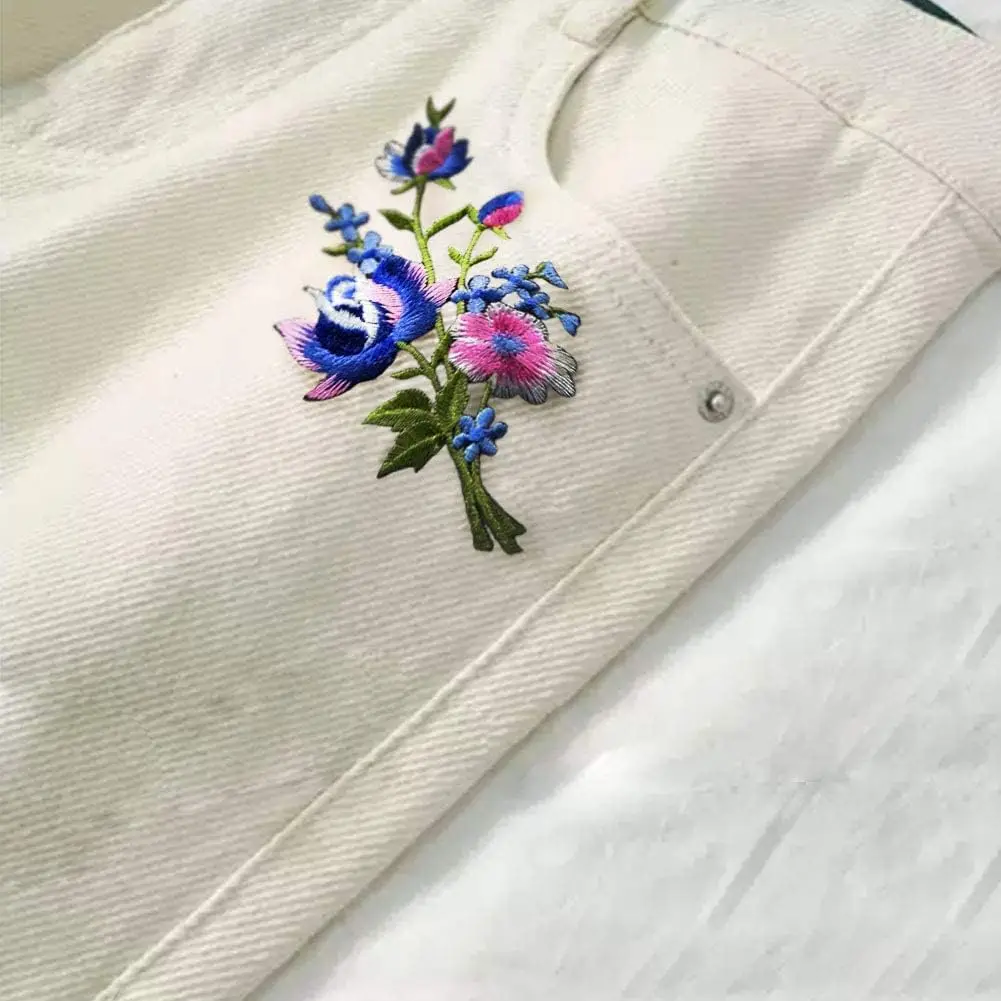 1 Pair Pink Blue Roses Pair Flowers Floral Bouquet Boho Embroidered Appliques Iron-on Patches New